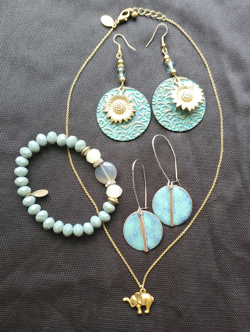 Brassy Sunflower & Elephant Jewelry Set